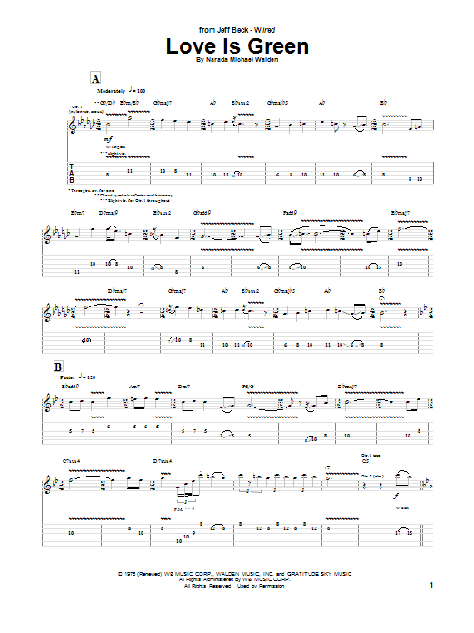 Learn to play Jeff Beck Love Is Green sheet music for Guitar Tab in minutes. Price: 7.8900$ Jeff Beck Love Is Green sheet music notes and chords arranged for Guitar Tab