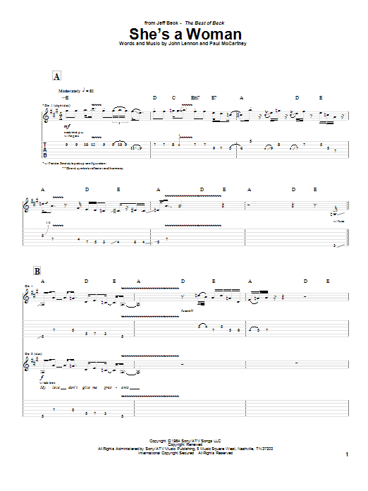 Jeff Beck She's A Woman sheet music notes and chords. Download Printable PDF.