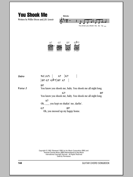 Jeff Beck You Shook Me sheet music notes and chords arranged for Guitar Chords/Lyrics