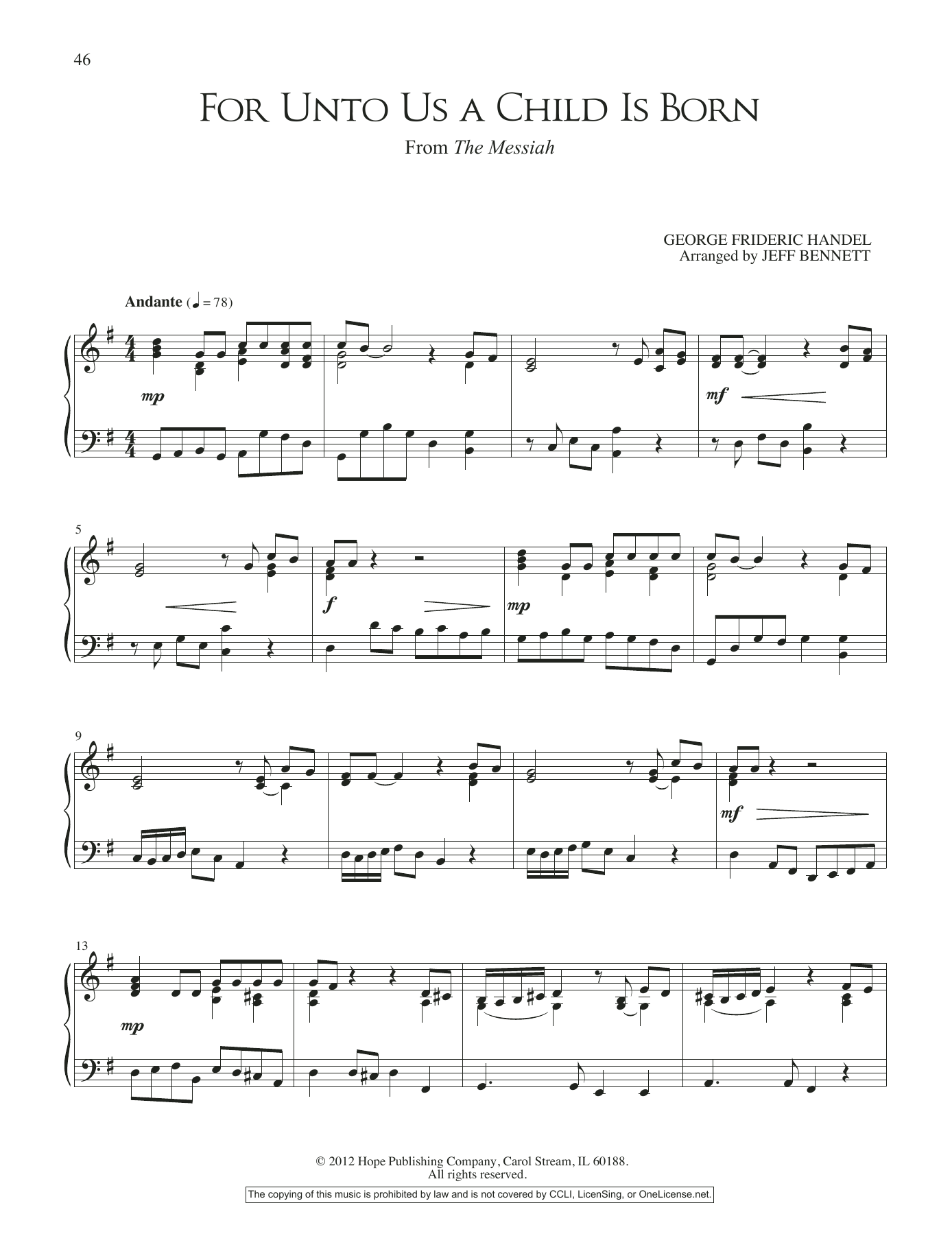 Jeff Bennett For Unto Us A Child is Born (from The Messiah) sheet music notes and chords. Download Printable PDF.