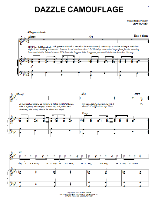 Learn to play Jeff Bowen Dazzle Camouflage sheet music for Piano & Vocal in minutes. Price: 7.8900$ Jeff Bowen Dazzle Camouflage sheet music notes and chords arranged for Piano & Vocal