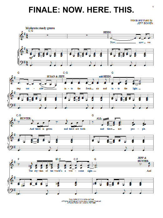 Learn to play Jeff Bowen Finale: Now. Here. This. sheet music for Piano, Vocal & Guitar Chords (Right-Hand Melody) in minutes. Price: 7.8900$ Jeff Bowen Finale: Now. Here. This. sheet music notes and chords arranged for Piano, Vocal & Guitar Chords (Right-Hand Melody)