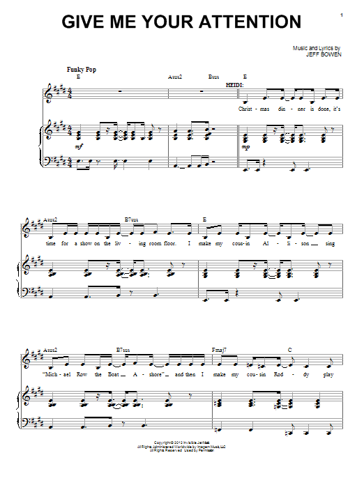 Learn to play Jeff Bowen Give Me Your Attention sheet music for Piano & Vocal in minutes. Price: 7.8900$ Jeff Bowen Give Me Your Attention sheet music notes and chords arranged for Piano & Vocal