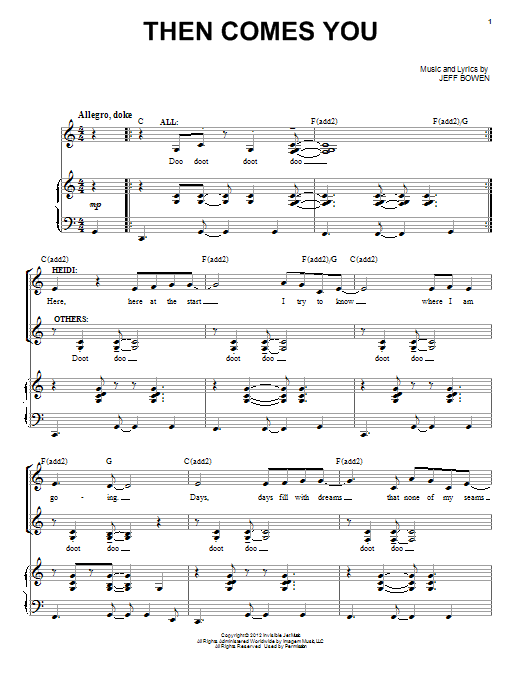 Learn to play Jeff Bowen Then Comes You sheet music for Piano & Vocal in minutes. Price: 7.8900$ Jeff Bowen Then Comes You sheet music notes and chords arranged for Piano & Vocal