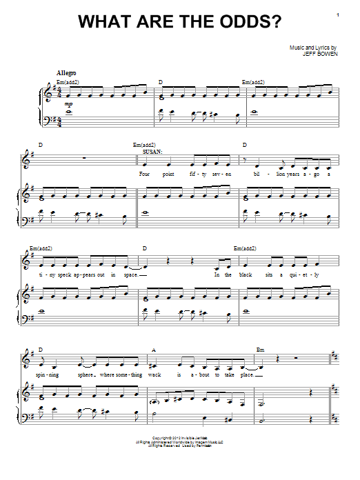 Learn to play Jeff Bowen What Are The Odds? sheet music for Piano & Vocal in minutes. Price: 7.8900$ Jeff Bowen What Are The Odds? sheet music notes and chords arranged for Piano & Vocal