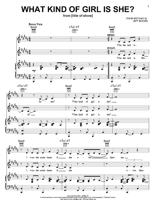 Learn to play Jeff Bowen What Kind Of Girl Is She? sheet music for Piano, Vocal & Guitar Chords (Right-Hand Melody) in minutes. Price: 7.8900$ Jeff Bowen What Kind Of Girl Is She? sheet music notes and chords arranged for Piano, Vocal & Guitar Chords (Right-Hand Melody)