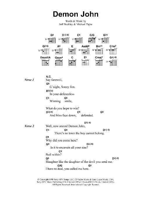 Jeff Buckley Demon John sheet music notes and chords. Download Printable PDF.