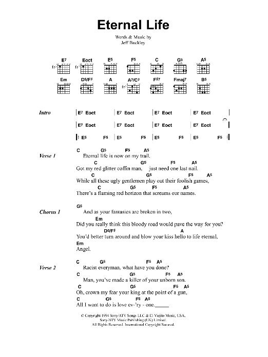 Jeff Buckley Eternal Life sheet music notes and chords. Download Printable PDF.