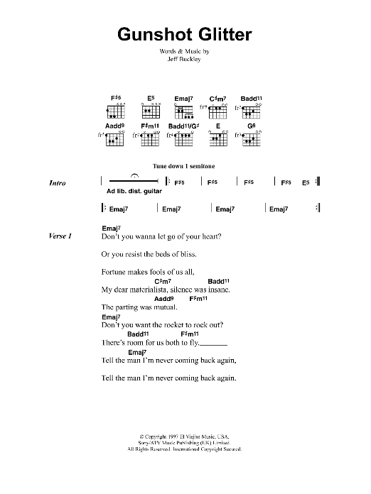 Jeff Buckley Gunshot Glitter sheet music notes and chords. Download Printable PDF.