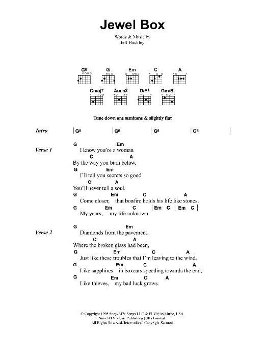 Learn to play Jeff Buckley Jewel Box sheet music for Guitar Chords/Lyrics in minutes. Price: 4.4900$ Jeff Buckley Jewel Box sheet music notes and chords arranged for Guitar Chords/Lyrics