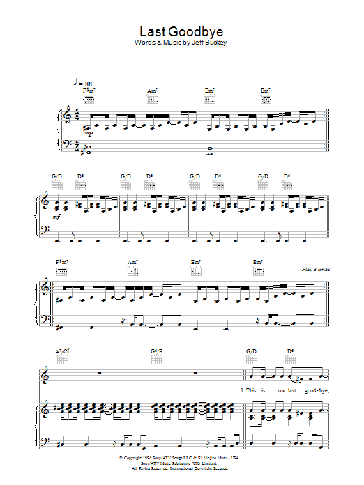 Jeff Buckley Last Goodbye sheet music notes and chords. Download Printable PDF.