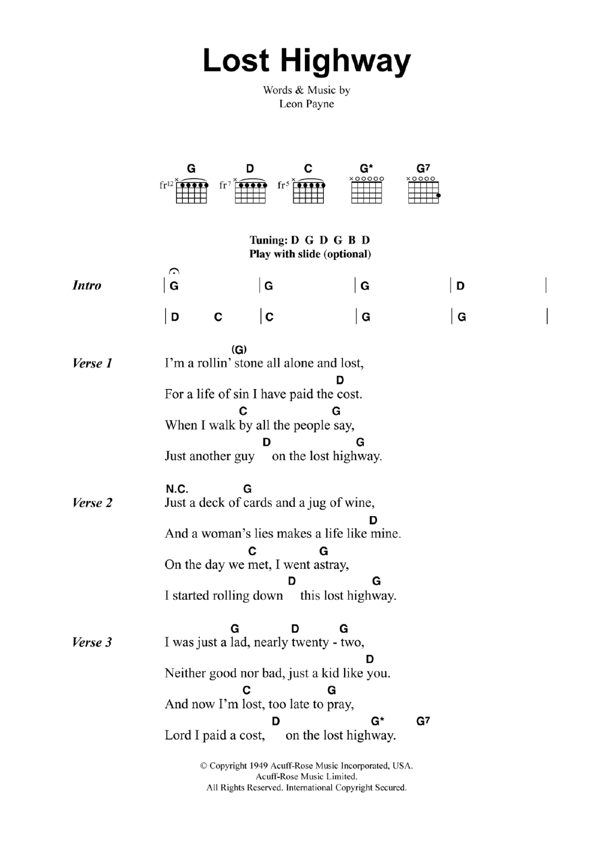 Jeff Buckley Lost Highway sheet music notes and chords arranged for Guitar Chords/Lyrics