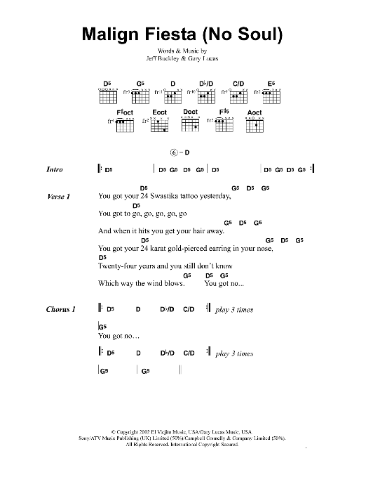 Jeff Buckley Malign Fiesta (No Soul) sheet music notes and chords. Download Printable PDF.