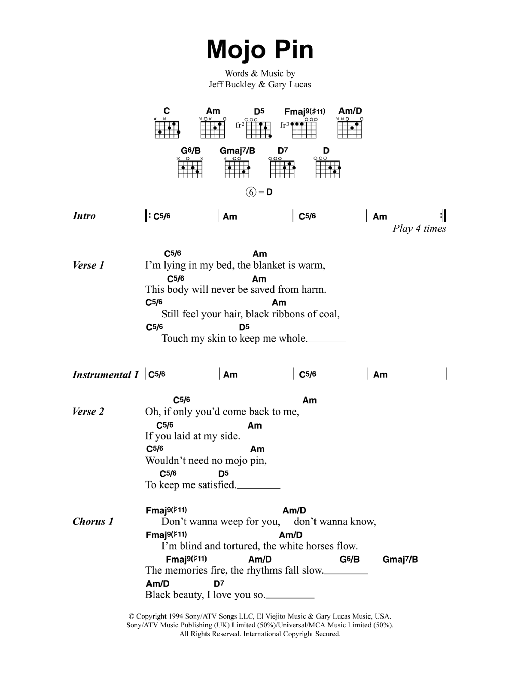 Jeff Buckley Mojo Pin sheet music notes and chords arranged for Guitar Chords/Lyrics