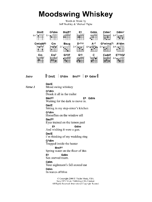Learn to play Jeff Buckley Moodswing Whiskey sheet music for Guitar Chords/Lyrics in minutes. Price: 4.4900$ Jeff Buckley Moodswing Whiskey sheet music notes and chords arranged for Guitar Chords/Lyrics
