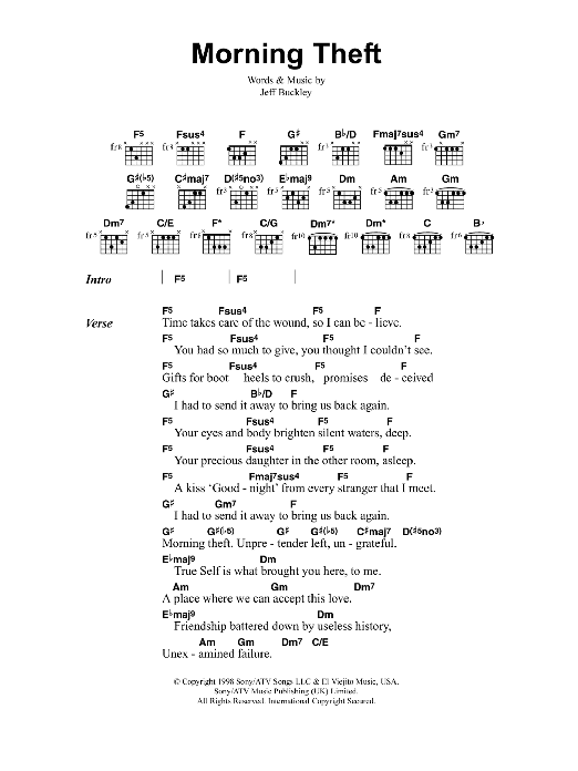 Jeff Buckley Morning Theft sheet music notes and chords. Download Printable PDF.