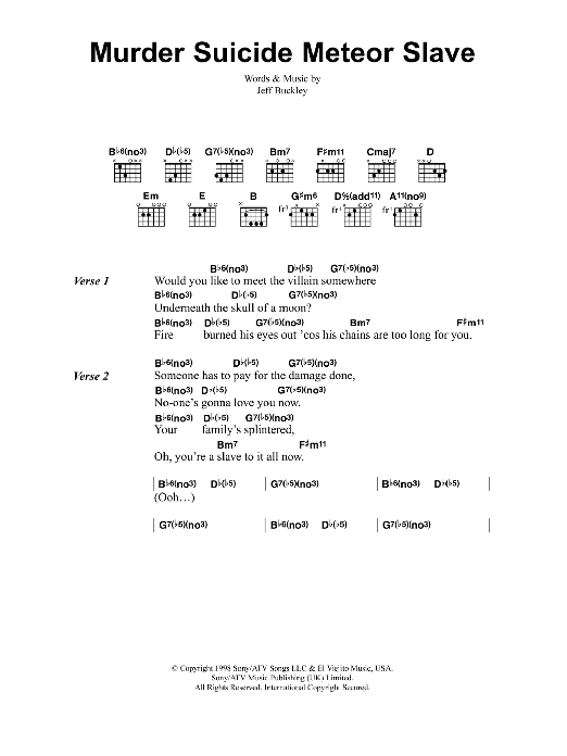 Jeff Buckley Murder Suicide Meteor Slave sheet music notes and chords arranged for Guitar Chords/Lyrics