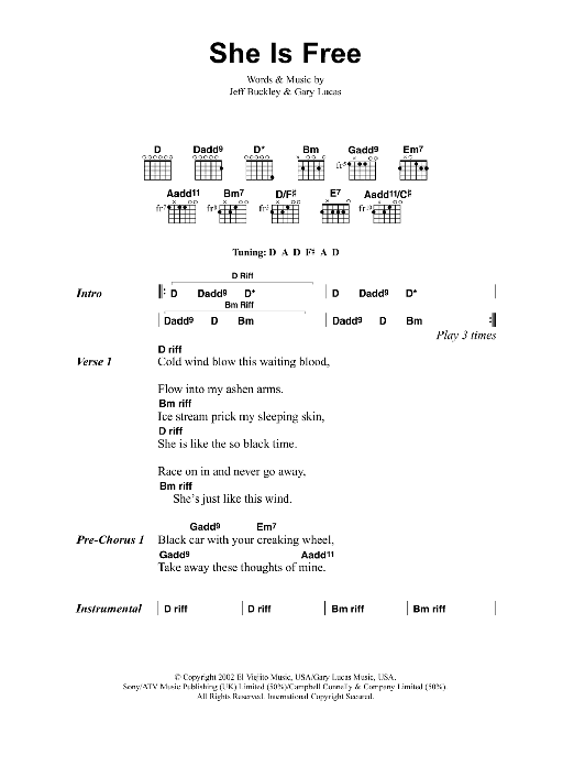 Jeff Buckley She Is Free sheet music notes and chords. Download Printable PDF.