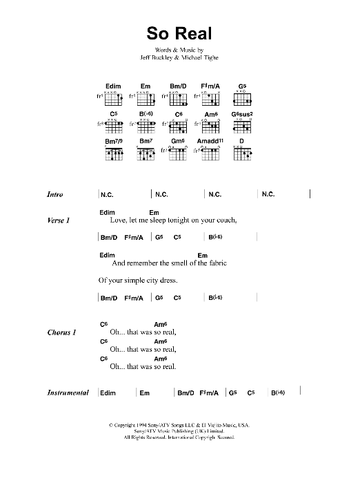 Jeff Buckley So Real sheet music notes and chords. Download Printable PDF.