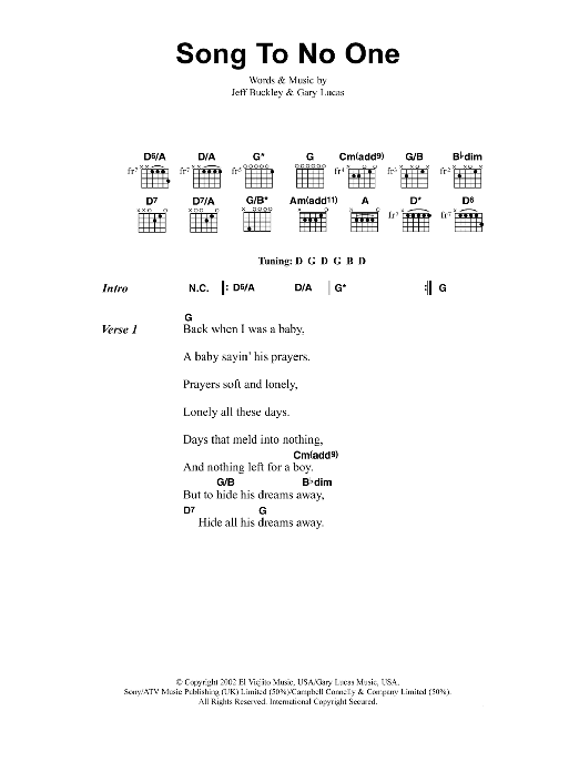 Jeff Buckley Song To No One sheet music notes and chords. Download Printable PDF.