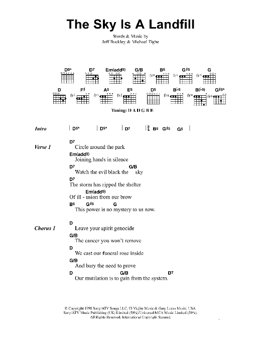 Learn to play Jeff Buckley The Sky Is A Landfill sheet music for Piano, Vocal & Guitar Chords in minutes. Price: 7.8900$ Jeff Buckley The Sky Is A Landfill sheet music notes and chords arranged for Piano, Vocal & Guitar Chords