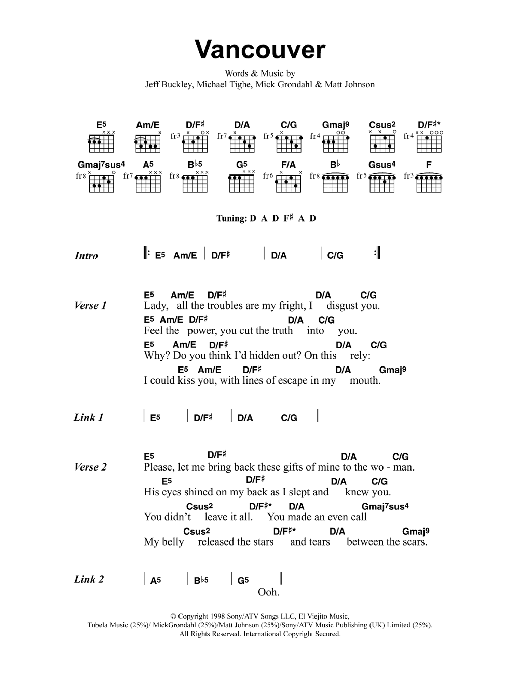 Jeff Buckley Vancouver sheet music notes and chords. Download Printable PDF.