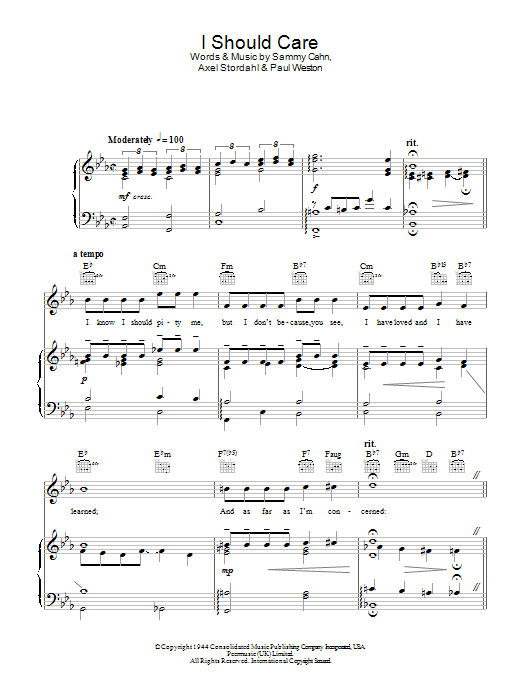Learn to play Jeff Chandler I Should Care sheet music for Piano, Vocal & Guitar Chords in minutes. Price: 7.8900$ Jeff Chandler I Should Care sheet music notes and chords arranged for Piano, Vocal & Guitar Chords