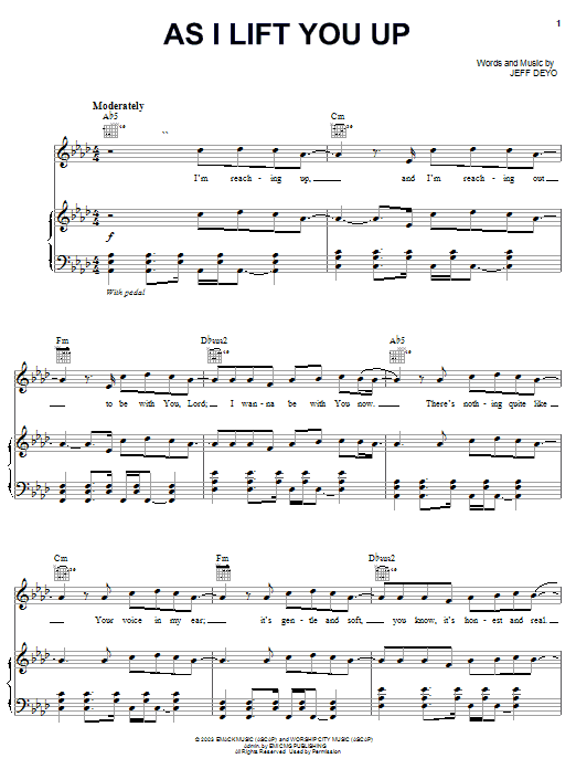 Learn to play Jeff Deyo As I Lift You Up sheet music for Piano, Vocal & Guitar Chords (Right-Hand Melody) in minutes. Price: 7.8900$ Jeff Deyo As I Lift You Up sheet music notes and chords arranged for Piano, Vocal & Guitar Chords (Right-Hand Melody)
