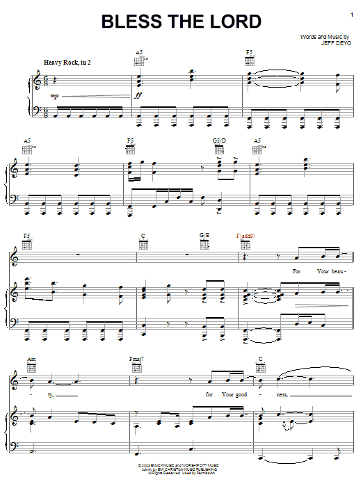 Learn to play Jeff Deyo Bless The Lord sheet music for Piano, Vocal & Guitar Chords (Right-Hand Melody) in minutes. Price: 7.8900$ Jeff Deyo Bless The Lord sheet music notes and chords arranged for Piano, Vocal & Guitar Chords (Right-Hand Melody)