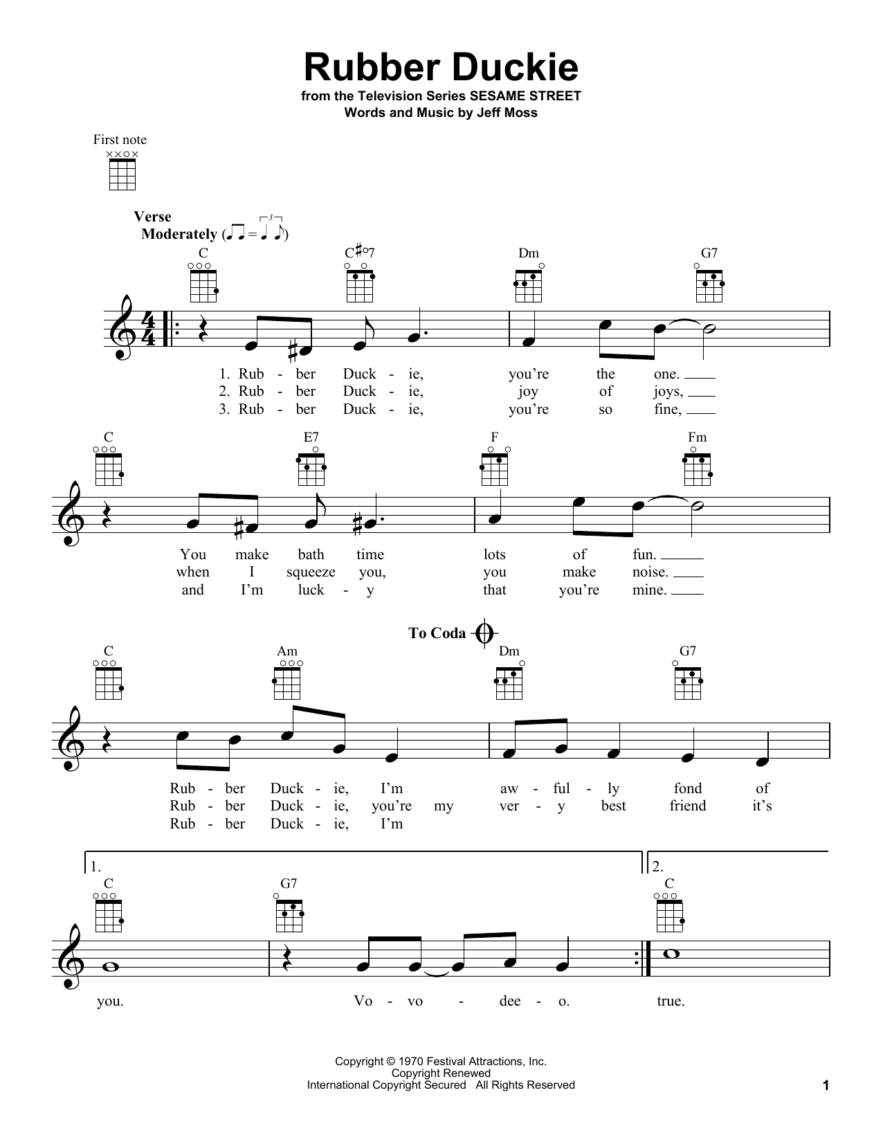 Learn to play Jeff Moss Rubber Duckie (from Sesame Street) sheet music for Ukulele in minutes. Price: 5.9900$ Jeff Moss Rubber Duckie (from Sesame Street) sheet music notes and chords arranged for Ukulele