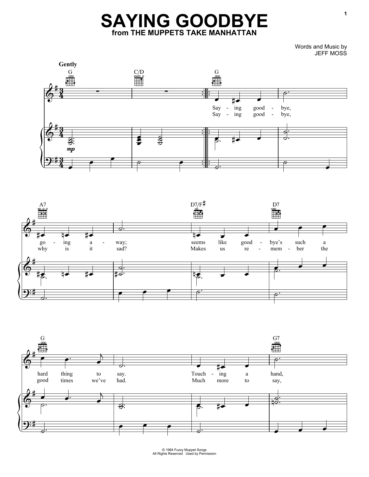 Learn to play Jeff Moss Saying Goodbye (from The Muppets Take Manhattan) sheet music for Easy Piano in minutes. Price: 6.9900$ Jeff Moss Saying Goodbye (from The Muppets Take Manhattan) sheet music notes and chords arranged for Easy Piano