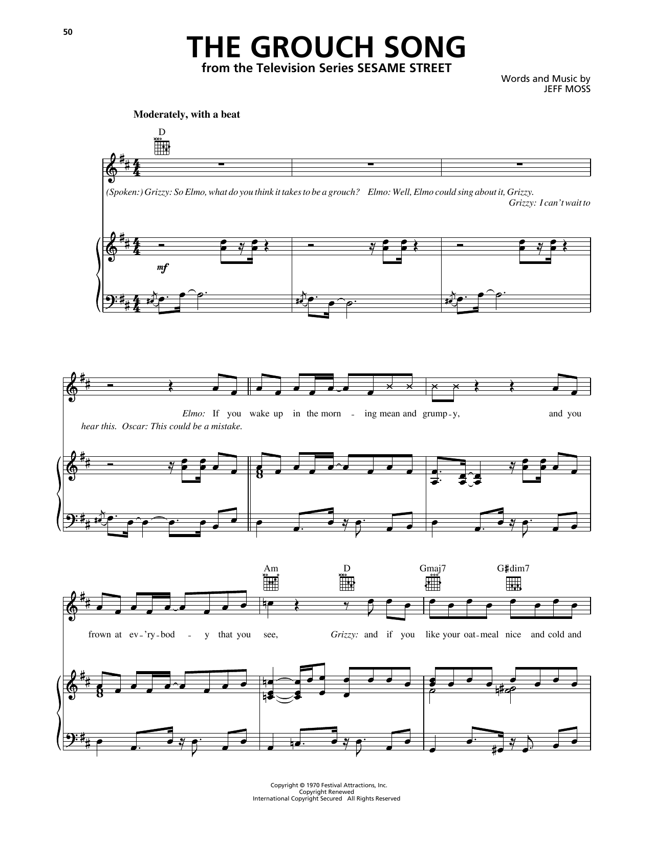 Learn to play Jeff Moss The Grouch Song (from Sesame Street) sheet music for Piano, Vocal & Guitar Chords (Right-Hand Melody) in minutes. Price: 7.8900$ Jeff Moss The Grouch Song (from Sesame Street) sheet music notes and chords arranged for Piano, Vocal & Guitar Chords (Right-Hand Melody)