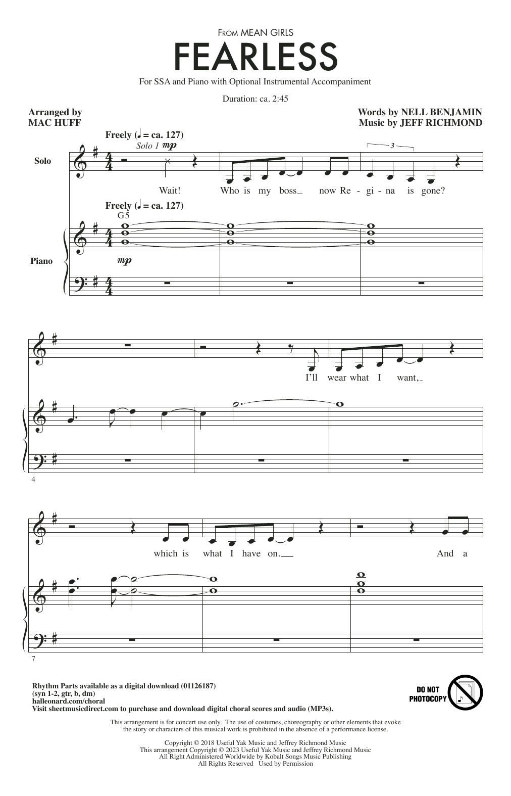 Jeff Richmond & Nell Benjamin Fearless (from Mean Girls: The Broadway Musical) (arr. Mac Huff) sheet music notes and chords. Download Printable PDF.