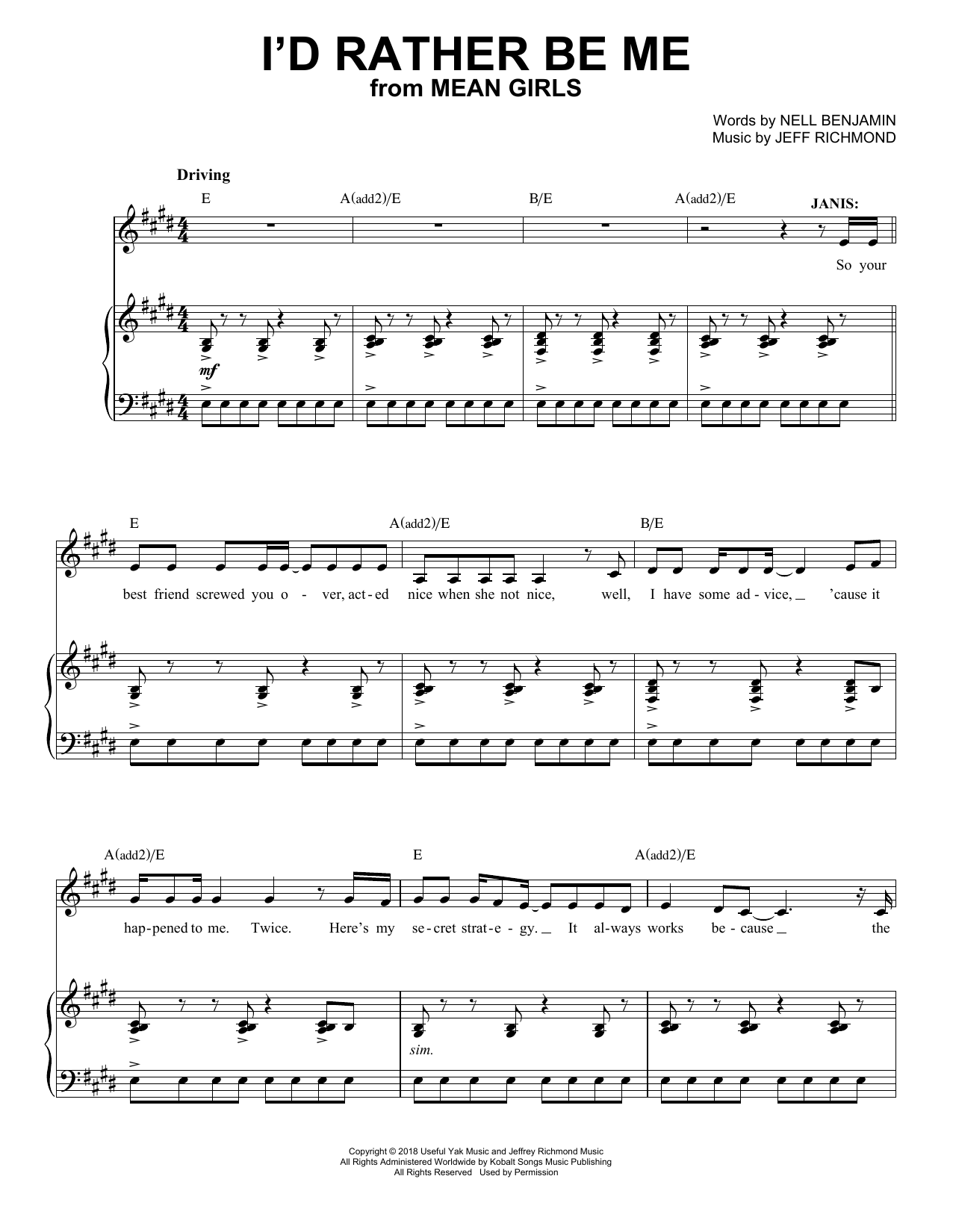 Jeff Richmond & Nell Benjamin I'd Rather Be Me (from Mean Girls: The Broadway Musical) sheet music notes and chords. Download Printable PDF.