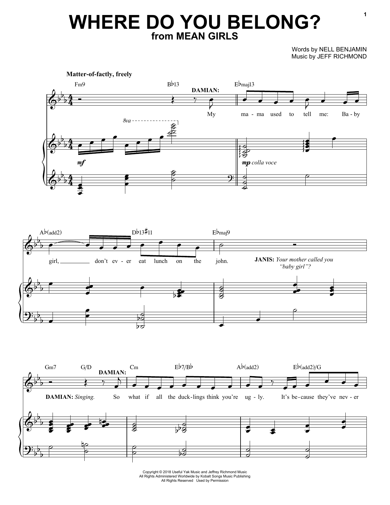 Jeff Richmond & Nell Benjamin Where Do You Belong? (from Mean Girls: The Broadway Musical) sheet music notes and chords. Download Printable PDF.