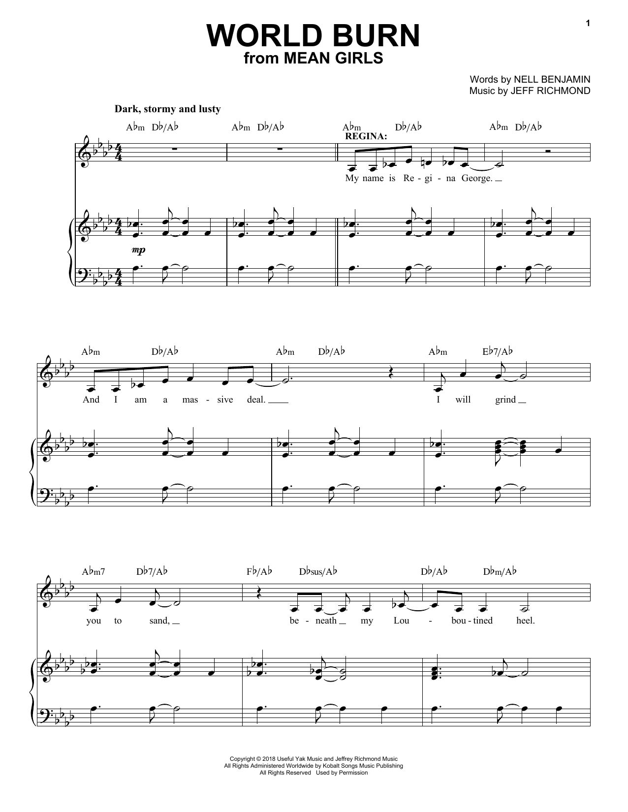 Jeff Richmond & Nell Benjamin World Burn (from Mean Girls: The Broadway Musical) sheet music notes and chords. Download Printable PDF.