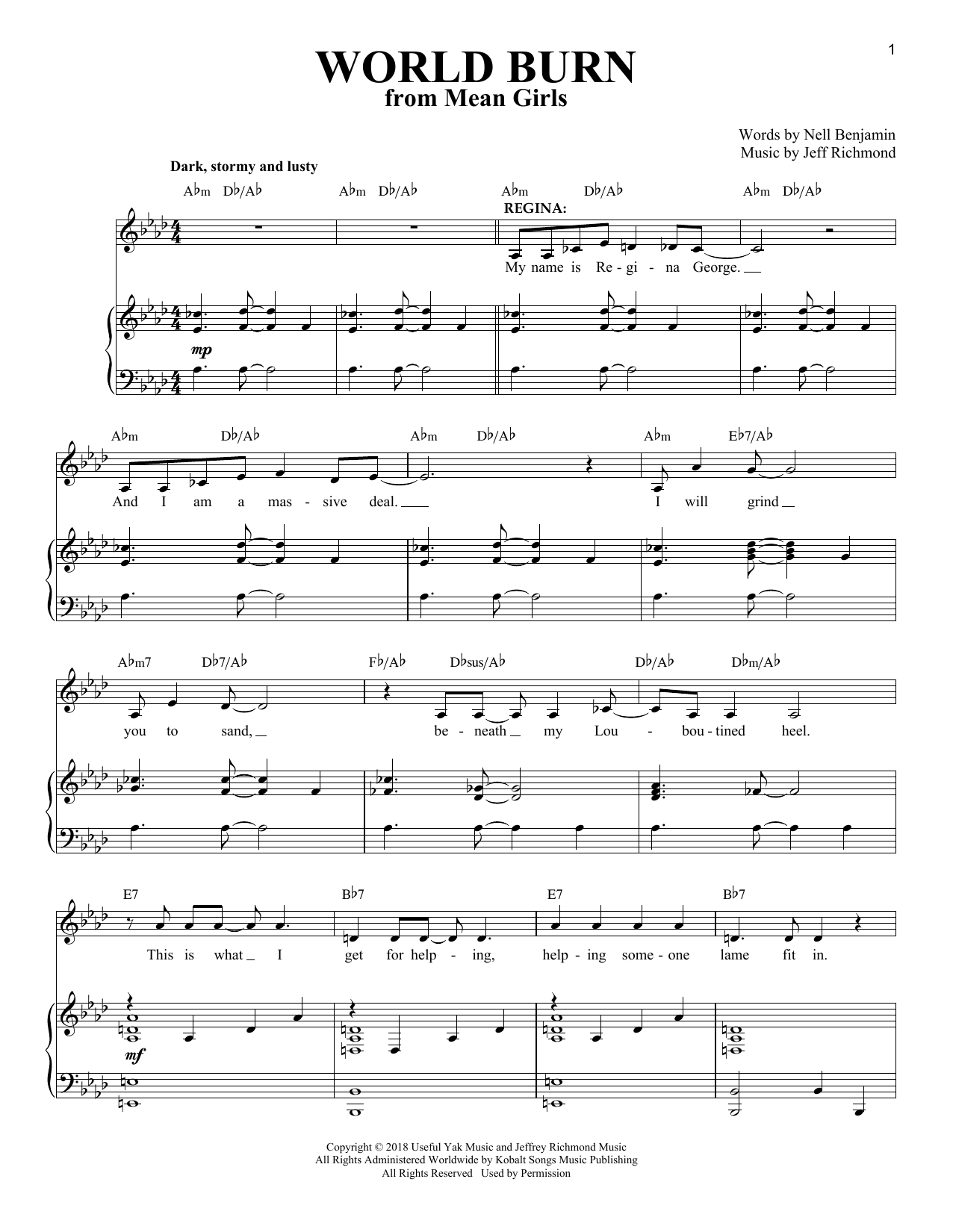 Jeff Richmond & Nell Benjamin World Burn (Solo Version) (from Mean Girls: The Broadway Musical) sheet music notes and chords. Download Printable PDF.