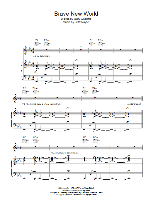Learn to play Jeff Wayne Brave New World (from War Of The Worlds) sheet music for Piano, Vocal & Guitar Chords in minutes. Price: 7.8900$ Jeff Wayne Brave New World (from War Of The Worlds) sheet music notes and chords arranged for Piano, Vocal & Guitar Chords