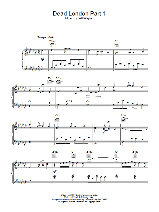 Learn to play Jeff Wayne Dead London (from War Of The Worlds) sheet music for Piano, Vocal & Guitar Chords in minutes. Price: 7.8900$ Jeff Wayne Dead London (from War Of The Worlds) sheet music notes and chords arranged for Piano, Vocal & Guitar Chords