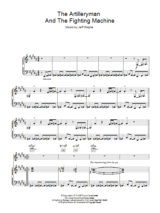 Learn to play Jeff Wayne The Artilleryman And The Fighting Machine (from War Of The Worlds) sheet music for Piano, Vocal & Guitar Chords in minutes. Price: 7.8900$ Jeff Wayne The Artilleryman And The Fighting Machine (from War Of The Worlds) sheet music notes and chords arranged for Piano, Vocal & Guitar Chords