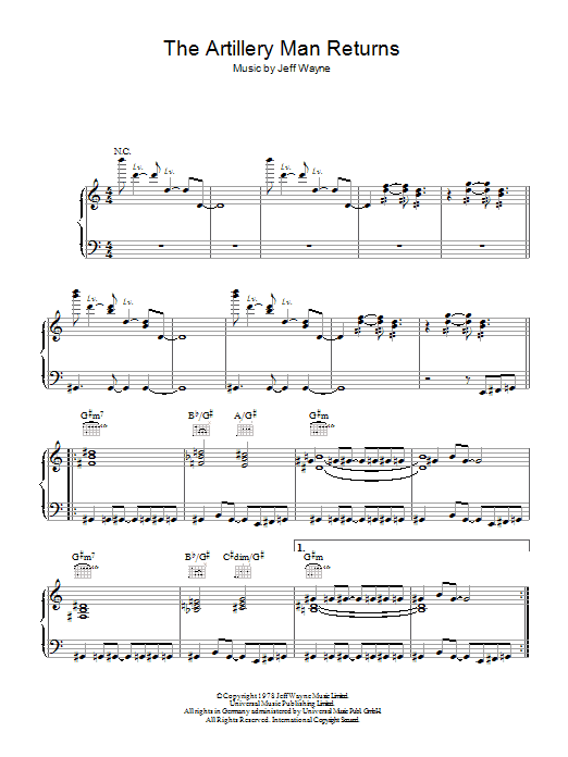 Learn to play Jeff Wayne The Artilleryman Returns (from War Of The Worlds) sheet music for Piano, Vocal & Guitar Chords in minutes. Price: 7.8900$ Jeff Wayne The Artilleryman Returns (from War Of The Worlds) sheet music notes and chords arranged for Piano, Vocal & Guitar Chords