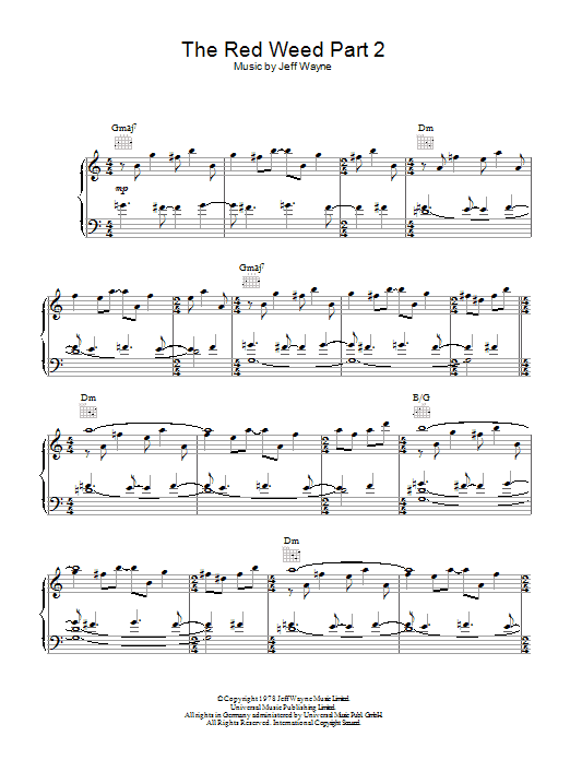 Learn to play Jeff Wayne The Red Weed (Part 2) (from War Of The Worlds) sheet music for Piano, Vocal & Guitar Chords in minutes. Price: 7.8900$ Jeff Wayne The Red Weed (Part 2) (from War Of The Worlds) sheet music notes and chords arranged for Piano, Vocal & Guitar Chords