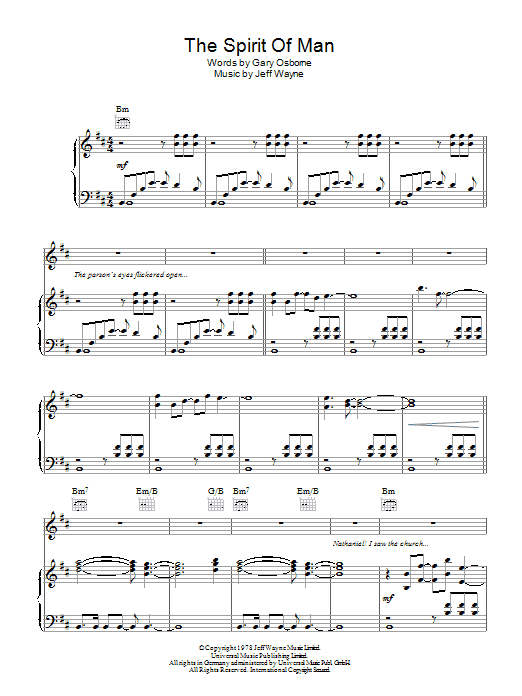 Learn to play Jeff Wayne The Spirit Of Man (from War Of The Worlds) sheet music for Piano, Vocal & Guitar Chords in minutes. Price: 7.8900$ Jeff Wayne The Spirit Of Man (from War Of The Worlds) sheet music notes and chords arranged for Piano, Vocal & Guitar Chords
