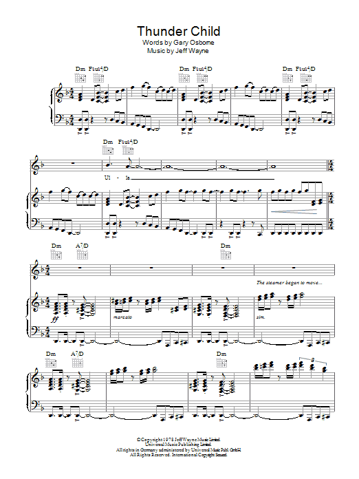 Learn to play Jeff Wayne Thunder Child (from War Of The Worlds) sheet music for Piano, Vocal & Guitar Chords in minutes. Price: 7.8900$ Jeff Wayne Thunder Child (from War Of The Worlds) sheet music notes and chords arranged for Piano, Vocal & Guitar Chords