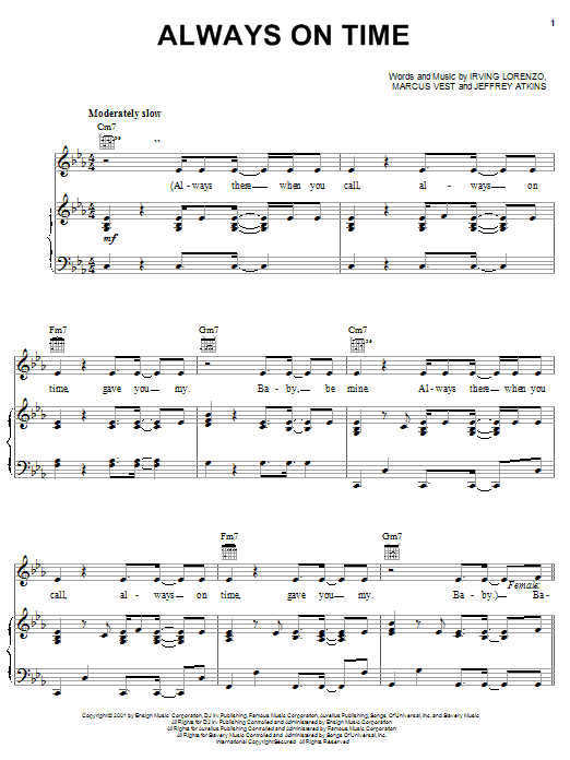 Learn to play Jeffrey Atkins Always On Time sheet music for Piano, Vocal & Guitar Chords (Right-Hand Melody) in minutes. Price: 7.8900$ Jeffrey Atkins Always On Time sheet music notes and chords arranged for Piano, Vocal & Guitar Chords (Right-Hand Melody)