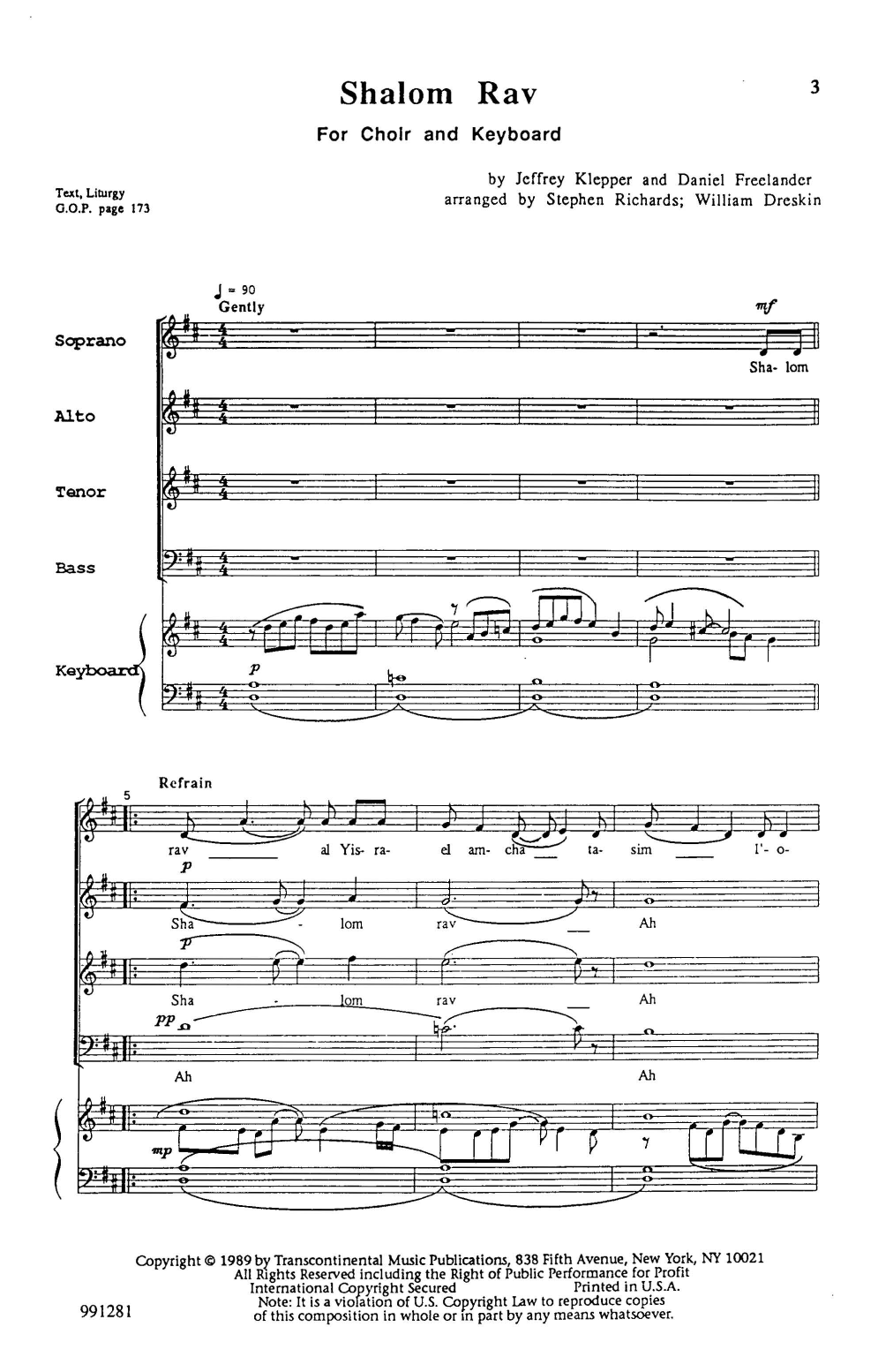 Jeffrey Klepper and Daniel Freelander Shalom Rav (arr. Stephen Richards and William Dreskin) sheet music notes and chords. Download Printable PDF.