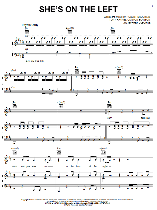Learn to play Jeffrey Osborne She's On The Left sheet music for Piano, Vocal & Guitar Chords (Right-Hand Melody) in minutes. Price: 7.8900$ Jeffrey Osborne She's On The Left sheet music notes and chords arranged for Piano, Vocal & Guitar Chords (Right-Hand Melody)