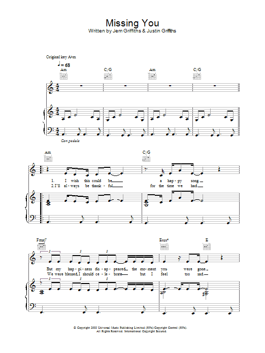 Learn to play Jem Missing You sheet music for Piano, Vocal & Guitar Chords in minutes. Price: 7.8900$ Jem Missing You sheet music notes and chords arranged for Piano, Vocal & Guitar Chords