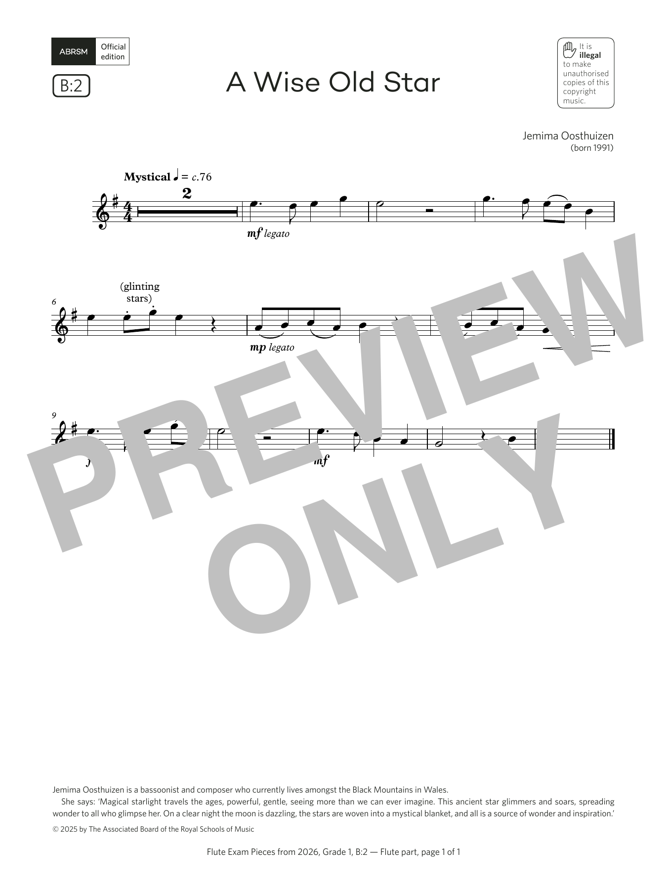 Learn to play Jemima Oosthuizen A Wise Old Star (Grade 1, list B2, from the ABRSM Flute Syllabus from 2026) sheet music for Flute Solo in minutes. Price: 3.9900$ Jemima Oosthuizen A Wise Old Star (Grade 1, list B2, from the ABRSM Flute Syllabus from 2026) sheet music notes and chords arranged for Flute Solo