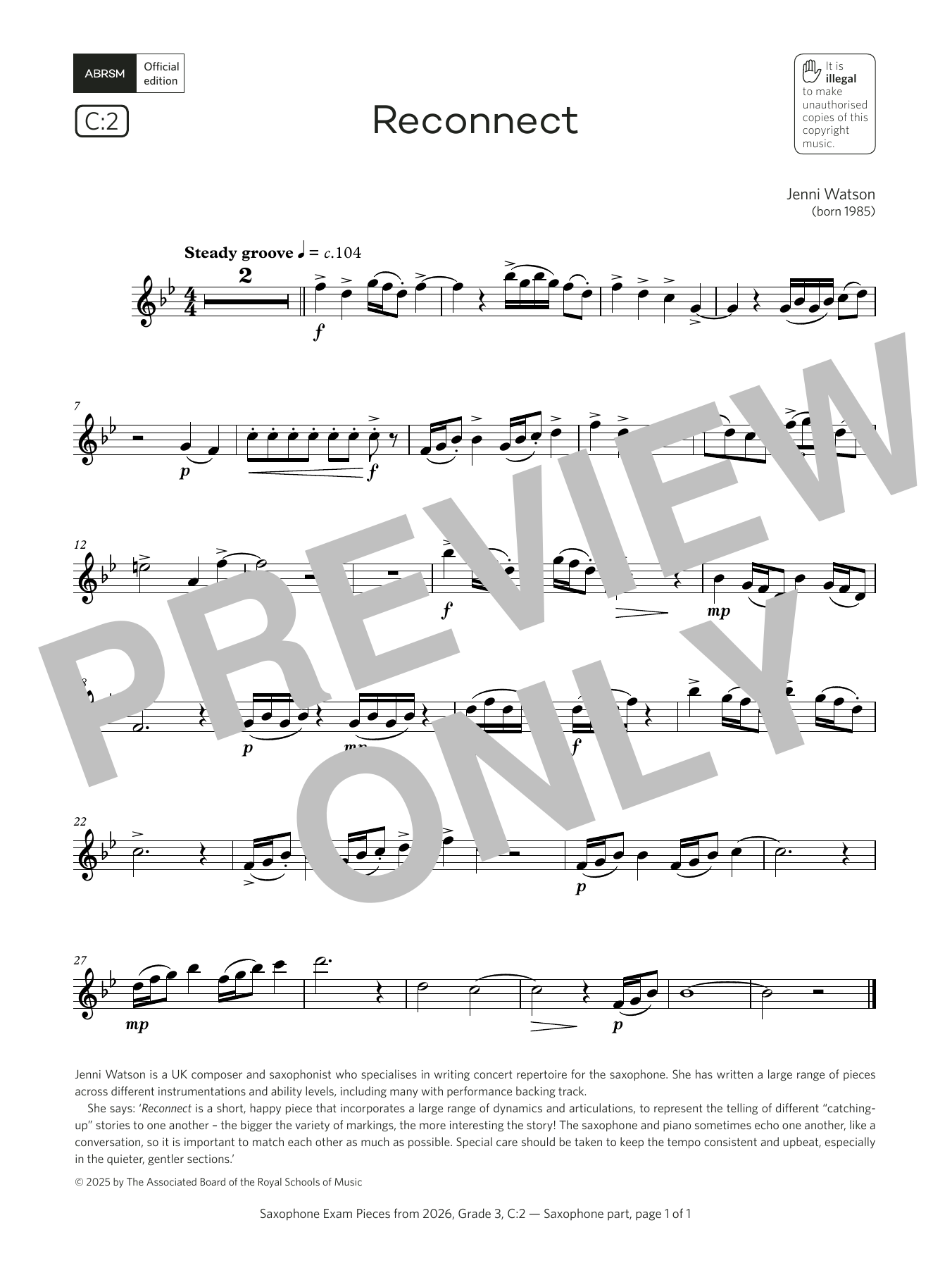 Learn to play Jenni Watson Reconnect (Grade 3, list C2, from the ABRSM Saxophone Syllabus from 2026) sheet music for Alto Sax Solo in minutes. Price: 5.9900$ Jenni Watson Reconnect (Grade 3, list C2, from the ABRSM Saxophone Syllabus from 2026) sheet music notes and chords arranged for Alto Sax Solo